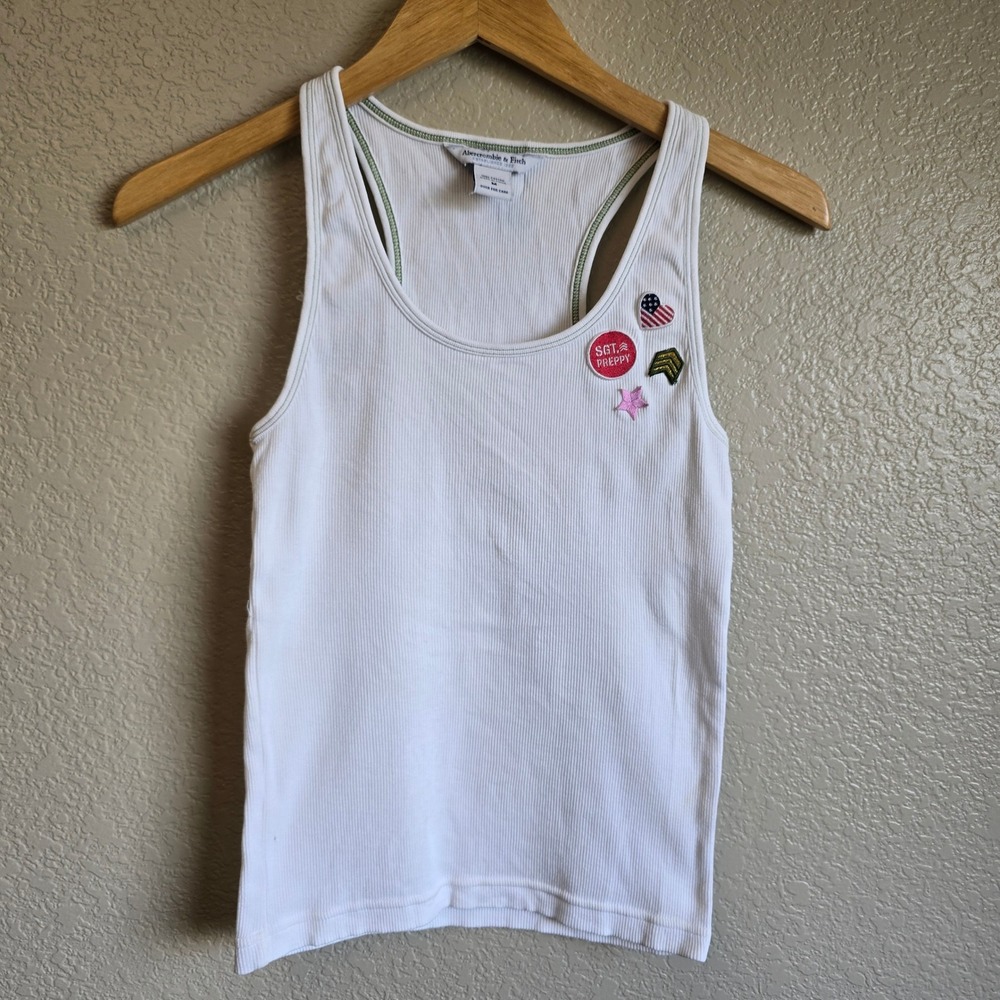 Abercrombie & Fitch White Ribbed Racerback Tank Top Sgt Preppy Patches M